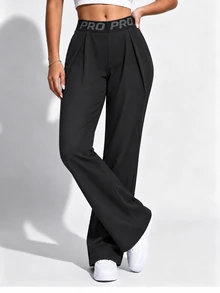Easithlete Easithlete 1pc Wide Leg Pants, Letter Elastic Waistband, Pleated Design, Suitable For Daily, Fitness, Summer - Black - View 7