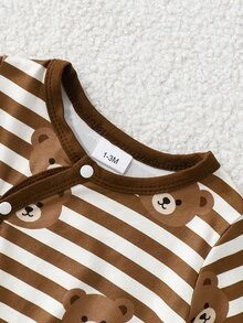 SHEIN 嬰兒側開扣全開式連身足衣，條紋線條與熊圖案，圓領長袖，柔軟舒適 - 彩色 - 查看 4