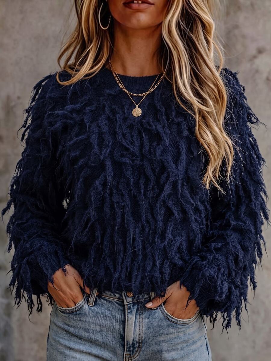 LUMIGAL Women's Round Neck Blue Long Sleeve Tassel Design Fashion Sweater Everyday Date Fall Casual - Navy Blue - View 1