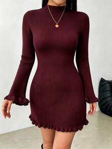 NOVVYNE Autumn/Winter Elegant Minimalist Patchwork Slim Fit Mid-Length Sweater Dress - Burgundy - View 4