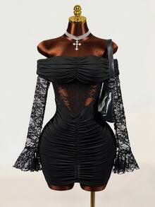 Mistrie Women's Sexy Lace Sheer Ruched Dress - Black - View 7