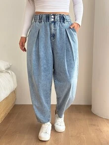 SHEIN CURVE+ Plus Size Women's Carrot Jeans Paper Bag Waist Washed Urban Renaissance Street Style Casual Fashion Creative Personalized Streetwear - Blue - View 7