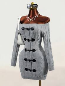 Mistrie Women's Fashion Off-Shoulder Button Design Long Sleeve Sweater Dress - Grey - View 6