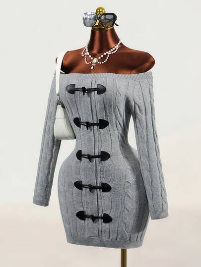 Mistrie Robe pull à manches longues avec design de boutons et épaules dénudées pour femmes
