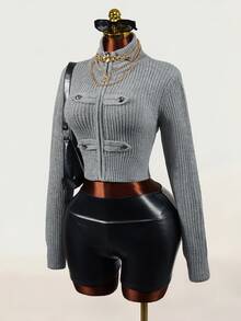Mistrie Cardigan Wanita Lengan Panjang Kasual Modis dengan Kerah Tegak dan Resleting - Grey - View 2