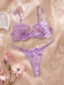SHEIN 2件組女款性感愛心刺繡網紗鋼圈內衣套裝，甜美活力風 - 紫色 - 查看 3