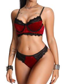 AltBold Women's Standard Size Lace Trim & Gold Velvet Lingerie + Triangle Panty 2pcs Set - Multicolor - View 4