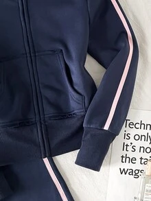 Tween女孩童裝2件式衛衣褲套裝：連帽拉鍊夾克配側邊對比條紋，鬆緊腰寬腿喇叭運動長褲，休閒運動學院風，舒適適合秋季日常穿著 - 寶藍色 - 查看 4