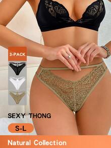SHEIN Women's Lace Solid Color Elegant Sexy Fashion Thong - Multicolor - View 3