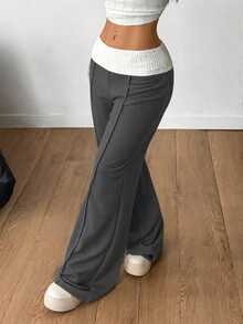 Coolane Women's Casual Elastic Waist Foldable Patchwork Contrast Color Design Sweatpants - Dark Grey - View 4