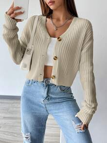 Flirla 女款V領單排扣短版時尚百搭休閒長袖開襟衫 - 卡其色 - 查看 6