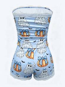 Zyxie Women's Fitted 2 Pieces Set With Lace Patchwork, Bow Decor, Halloween Pumpkin Ghost And Little Bat Print - Blue - View 2