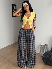 Coolane 女款秋季保暖街頭風休閒時尚黑色灰色格紋抽繩腰寬鬆大廓形寬腿鬆垮長褲 - 灰色 - 查看 8