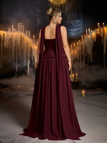 Glamrae Plus Size Glamorous Elastic Knit & Chiffon Patchwork Ruched Full Skirt Sexy Slit Bridal Gown, Flowy Ruched Fabric Wedding Bridesmaid Evening Dress With Shawl - Burgundy - View 3