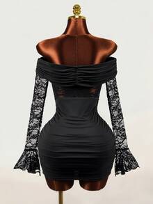 Mistrie Women's Sexy Lace Sheer Ruched Dress - Black - View 8