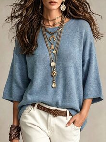 SHEIN 女款休閒寬鬆圓領七分袖藍色上衣，2026秋冬毛衣，適合派對、海灘、健身房、社交場合，時尚上衣，夜店穿搭 - 淺藍色 - 查看 1