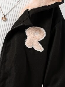 SHEIN 青少年女孩時尚連帽衫，字母 R 貼布設計上衣，2026 秋冬時尚休閒外套，夾克風街頭穿搭 - 卡其色 - 查看 4