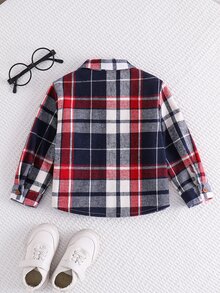 SHEIN 男嬰秋冬休閒格紋翻領長袖鈕扣襯衫外套，保暖內裡格紋夾克，嬰兒外套，聖誕夾克 - 彩色 - 查看 3