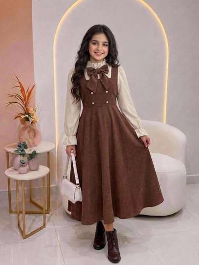 DRMZ Tween Girl Decorative Big Bow With Front Middle Double Button Corduroy Fabric Patchwork Waist-Cinching A-Line Midi Dress, Fashionable Retro Elegant Outfit