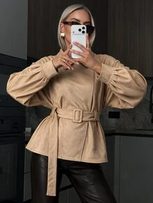 Avenya Minimalist Side-Split Design Lapel Suede Belted Mid-Length Jacket - Khaki - View 3
