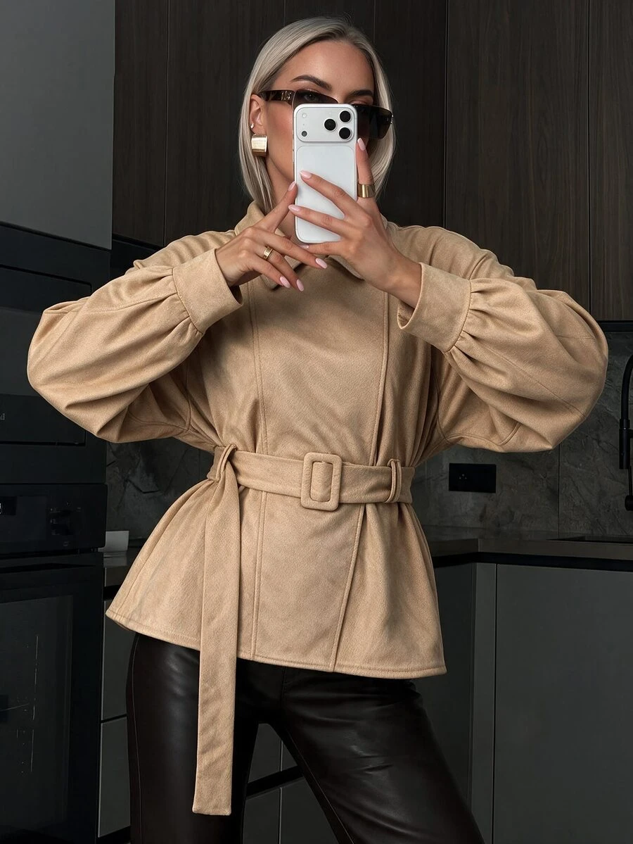 Avenya Minimalist Side-Split Design Lapel Suede Belted Mid-Length Jacket - Khaki - View 1