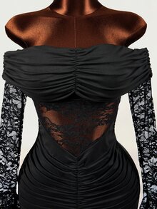 Mistrie Women's Sexy Lace Sheer Ruched Dress - Black - View 6