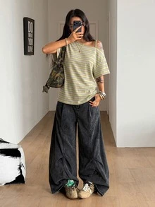 Coolane 女款秋季街頭風 Y2K 骷髏圖案寬鬆黑色 T 恤，適合外出穿著 - 綠色 - 查看 6
