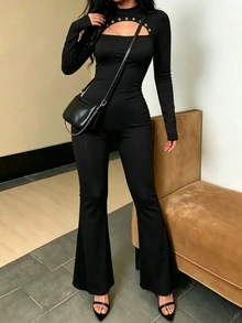 INAWLY Cutout Eyelet Detail Long Sleeve Flare Leg Jumpsuit, High Neck Bodycon Stretch Rompe - Black - View 7