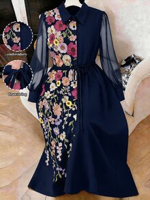 Formidée Plus Size Minimalist Elegant Embroidered Mesh Sleeve Tie Waist Women's Dress - Navy Blue - View 1