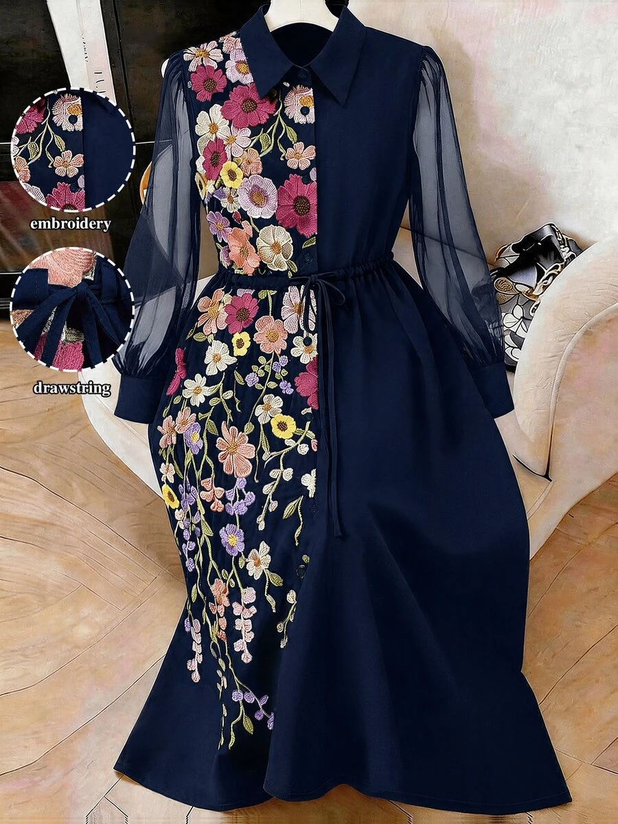Formidée Plus Size Minimalist Elegant Embroidered Mesh Sleeve Tie Waist Women's Dress - Navy Blue - View 1