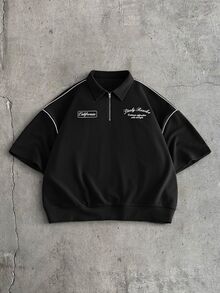 AXEPEAK 男士黑色 1/4 拉鍊對比字母圖案短袖時尚 Polo 衫 - 黑色 - 查看 2