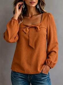 Linhara CURVE Plus Size Casual Loose Round-Neck Long-Sleeve Shirt - Orange - View 3