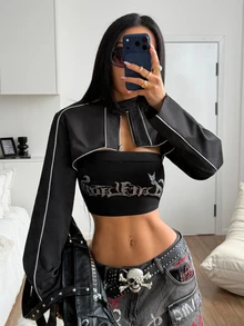 StreetHx Women's Autumn/Winter Black Ultra Short Jacket, Motorcycle Jacket With Reflective Stripes, Y2K Street Fashion, Dark Cool Style - Black - View 4