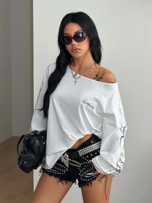 Coolane 女款休閒簡約字母印花長袖T恤 - 白色 - 查看 3