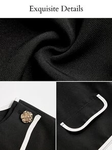 SOLERSUN Women's Contrast Crop Jacket Round Neck Long Sleeve Gold Floral Button Elegant Daily Office - Black - View 7