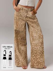 SHEIN Tall Women's Fashion All-Over Polka Dot Print Pocket Zipper Denim Jeans - Khaki - View 1