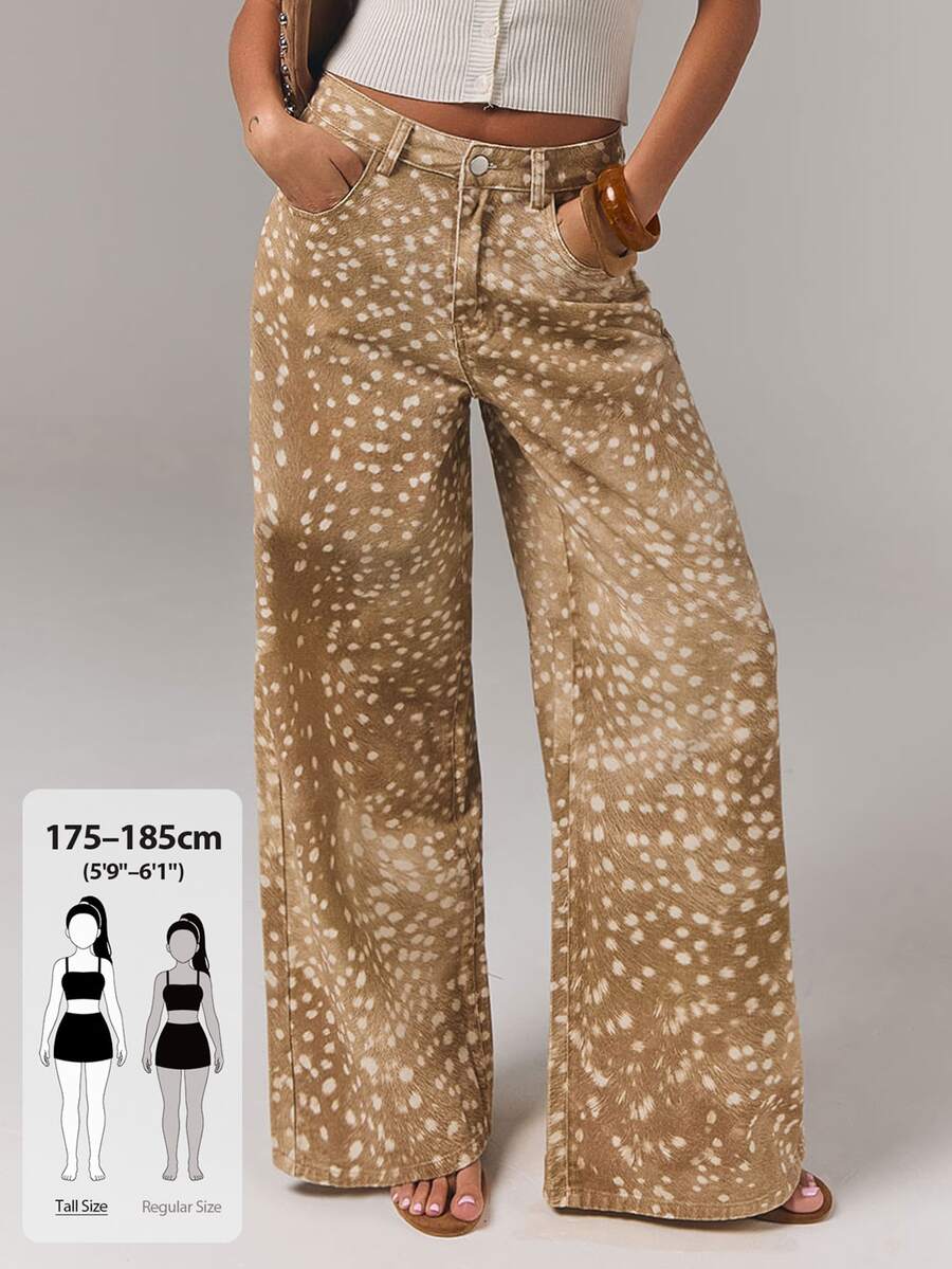 SHEIN Tall Women's Fashion All-Over Polka Dot Print Pocket Zipper Denim Jeans - Khaki - View 1