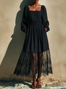 SHEIN LUNE 女款秋季樹皮紋理素色法式優雅成熟風辦公晚餐萬聖節對比蕾絲方領泡泡袖洋裝黑色 - 黑色 - 查看 1