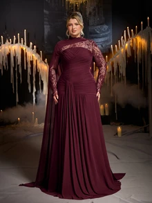 Glamrae Plus Size Elegant Romantic Angora Red Mesh Strapless Ruched Flounce Scarf Decor Fitted Bodycon Long Evening Dress For Women, Wedding, Formal Events, All Formal Occasions, Dinner Party - Red - View 4
