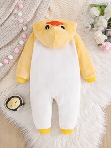 SHEIN 女嬰卡通圖案插肩袖拉鍊連帽法蘭絨連身衣 - 彩色 - 查看 3