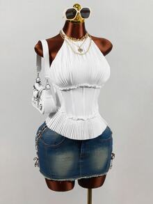Mistrie Women's Fashion Spaghetti Strap Camisole With Boning And Ruched Detail - White - View 7