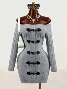 Mistrie Women's Fashion Off-Shoulder Button Design Long Sleeve Sweater Dress - Grey - View 1