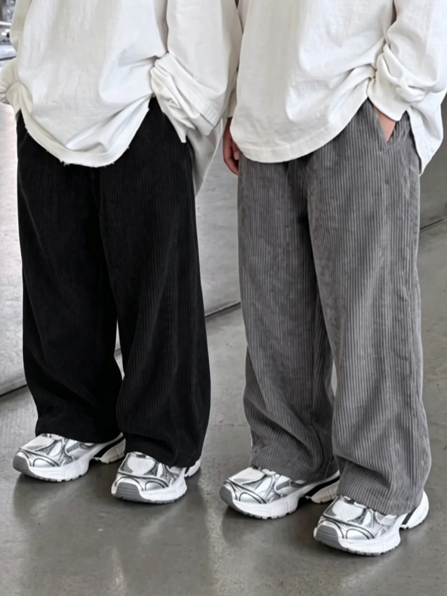 SHEIN 男童(大童)休閒燈芯絨運動長褲:純色舒適彈性腰直筒長褲,秋冬開學季百搭日常下身褲 - 彩色 - 查看 1