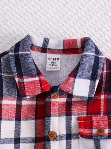 SHEIN 男嬰秋冬休閒格紋翻領長袖鈕扣襯衫外套，保暖內裡格紋夾克，嬰兒外套，聖誕夾克 - 彩色 - 查看 8