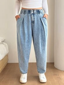 SHEIN CURVE+ Plus Size Women's Carrot Jeans Paper Bag Waist Washed Urban Renaissance Street Style Casual Fashion Creative Personalized Streetwear - Blue - View 5