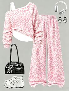 SHEIN 1套豹紋印花運動衫套裝，適合8-12歲女孩秋冬穿著，舒適休閒日常風格 - 彩色 - 查看 3