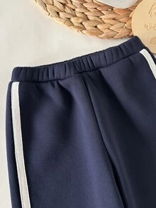 SHEIN 女嬰針織織帶對比色蝴蝶結抓絨衛衣與長褲2件套，適合秋冬，室內/戶外穿著，可愛休閒百搭 - 彩色 - 查看 6