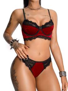 AltBold Women's Standard Size Lace Trim & Gold Velvet Lingerie + Triangle Panty 2pcs Set - Multicolor - View 1