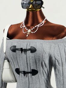 Mistrie Women's Fashion Off-Shoulder Button Design Long Sleeve Sweater Dress - Grey - View 3