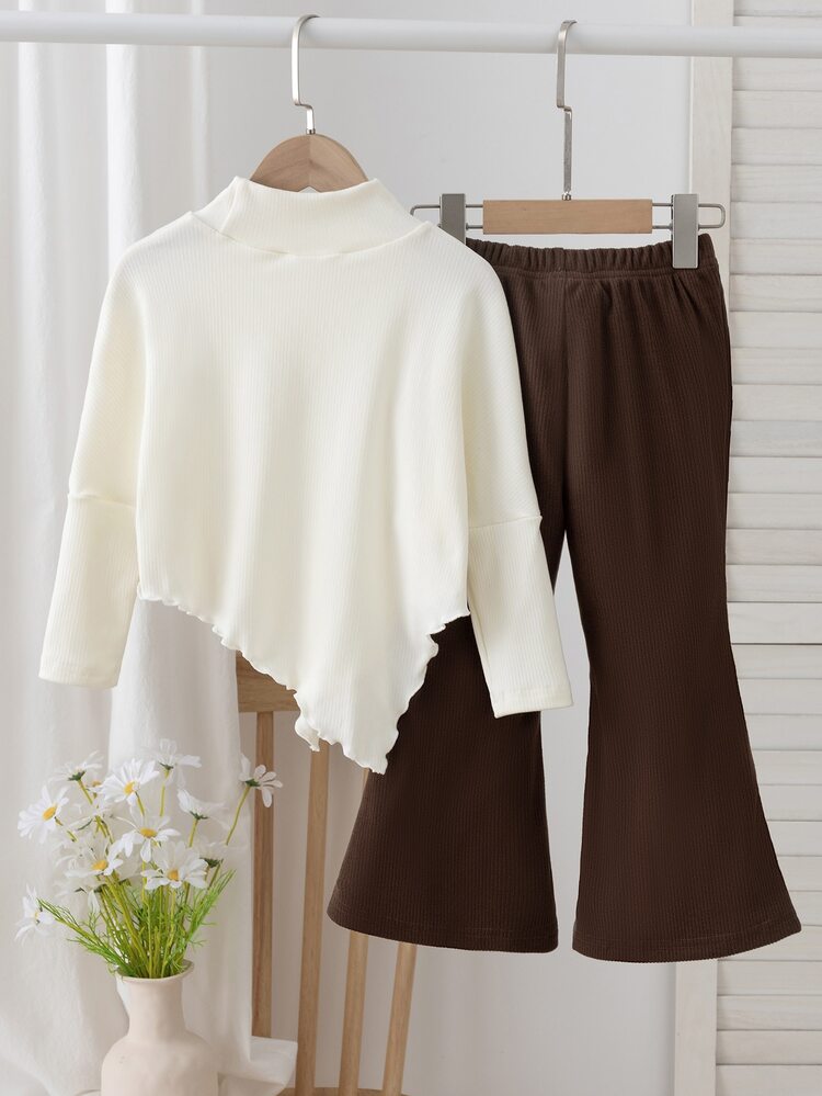 SHEIN Young Girl) Bowknot Long Sleeve 2 Pieces Set, Top With Semi-High Neck And Asymmetrical Hem Design, Edged With Wavy Frill Trim, Body Decorated With Pink Satin Bowknot, Bottom Paired With Pink Slightly Flared Long Pants, Overall White + Pink Soft Color Palette, Suitable For Daily School, Park Outings, Shopping, Small Gatherings - Brown - View 2